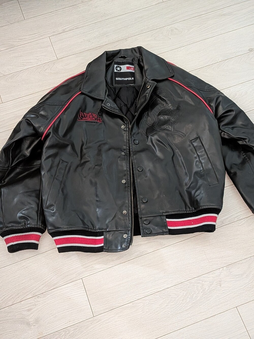 Vintage Y2K Southpole Faux Leather Jacket Mens L Black Embossed DJ Headphones